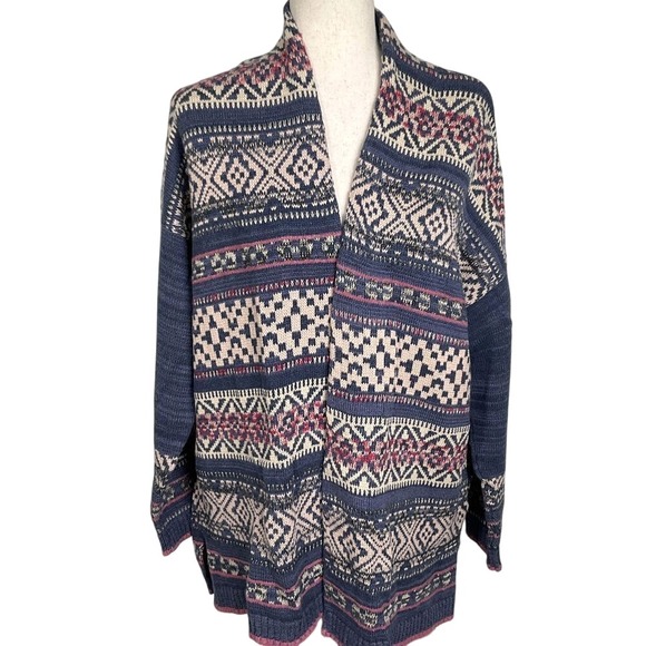 Chaps‎ Cardigan Women L Blue Pink Stripe Aztec Southwestern Classic Sweater - Picture 1 of 12